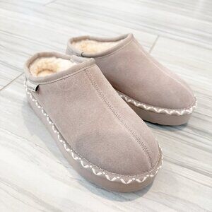 Bearpaw Caroline Suede Leather Platform Wool Blend Slip On Shoes Slippers Tan 6